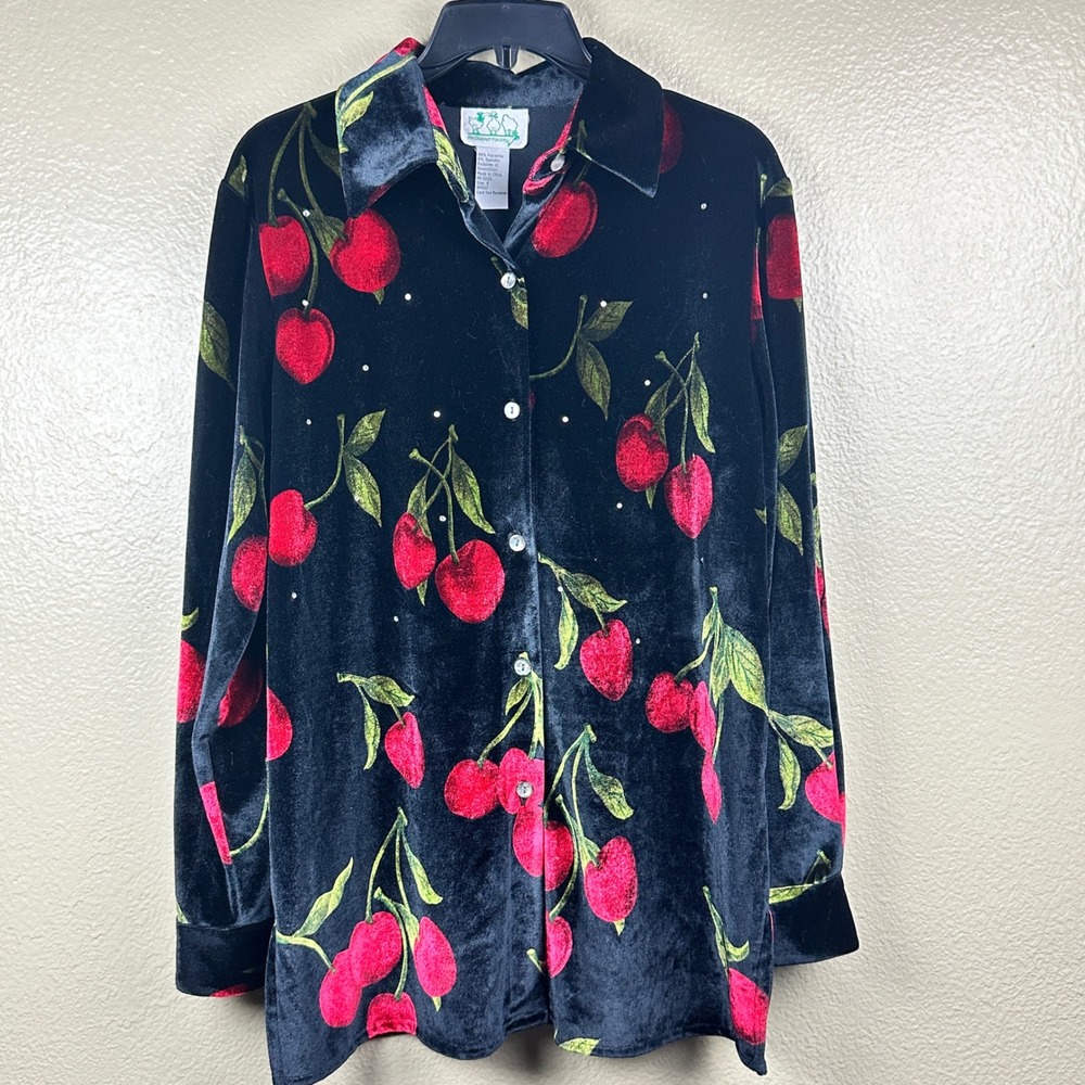 Quacker Factory Black Velvet Cherry Print Rhinestone Button Down Shirt Small
